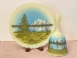 Vintage Fenton Uranium Glass Hand Painted Decorative Plate and Bell