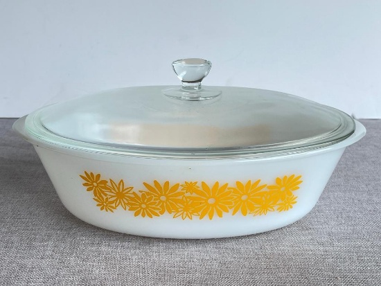 Vintage Glassbake Yellow Daisy Casserole Dish with Lid