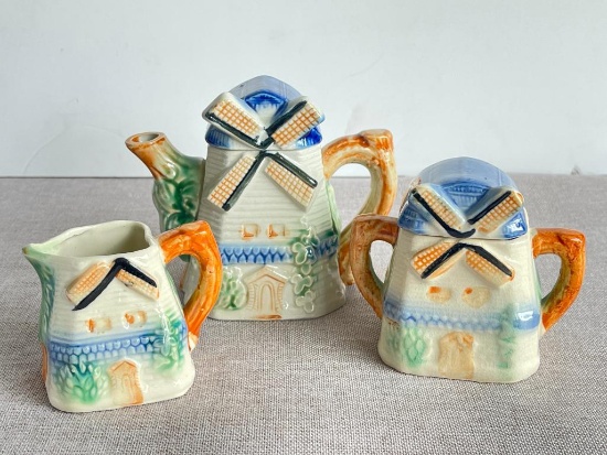 Windmill Teapot, Creamer and Sugar Set