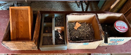 Antique Tool Caddy, Wood Boxes and Two Boxes of Nails