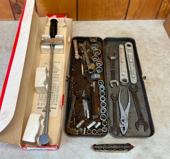 Craftsman Torque Wrench in Box and Group of Vintage Sockets and Wrenches