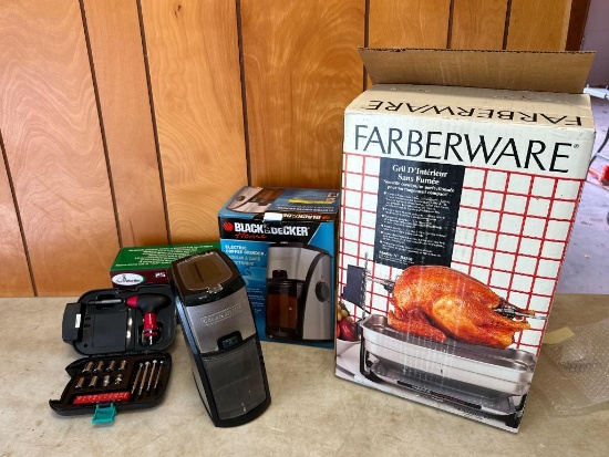 Unused Indoor Grill and Tool Kit Along with a Coffee Grinder