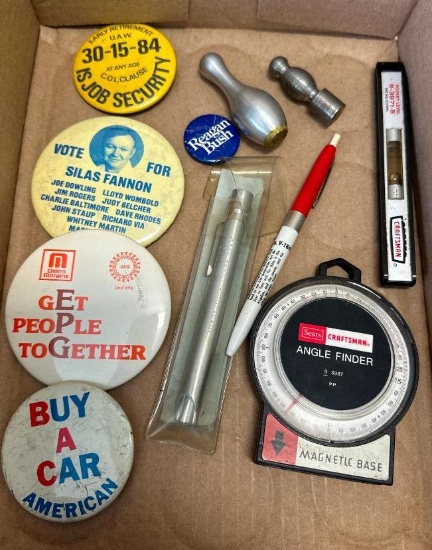 Group of Vintage Button, Craftsman Level and Angle Finder