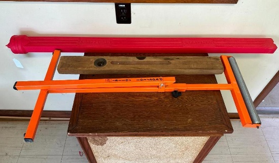 Very Nice Craftsman 48" Level in Case, A Rough Wood Level and A Pedestal Roller