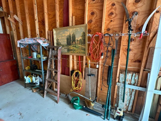 Wall Lot of Misc. Yard Tools and Contents of Metal Shelf, Shelf Itself is Not Included
