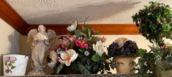 Shelf Lot of Artificial Plants and Resin Angel