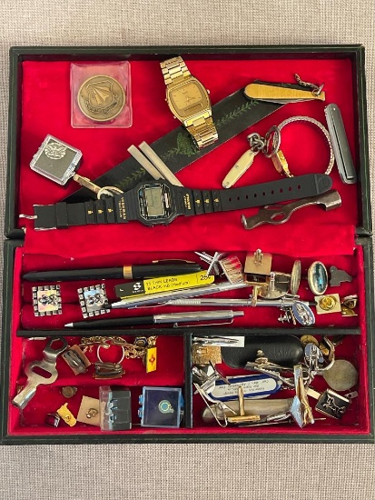 Men's Dresser Top Jewelry Box with Tie Tacks, Watches, Cuff Links, Small Knives and More