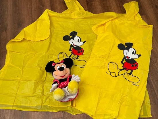 Two Micky Mouse Ponchos with Minnie Mouse Stuffed Animal
