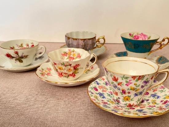 Group of Five Vintage Tea Cups and Saucers