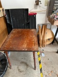 Antique Kids Table (Shaky), Saw Horses, Round Fiber Board Tables and a Plastic Creeper