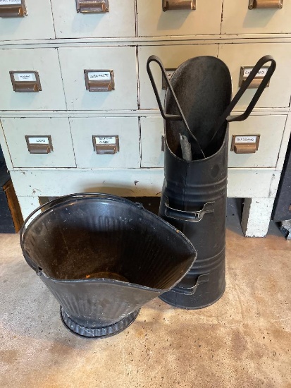 Metal Coal Bucket and Fireplace Utensil Holder