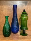 Group of 3 Colored Glass Vases / Jar