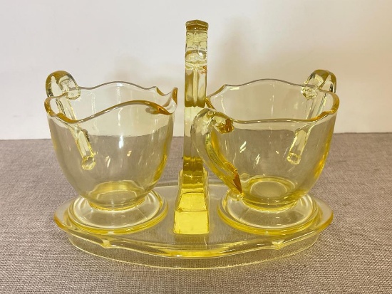Vintage Yellow Glass Creamer / Sugar Set with Stand