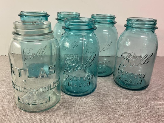 Group of Aqua Colored Mason Jars