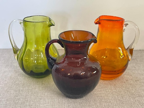 Group of Three Hand Blown Glass Small Pitcher/Creamer