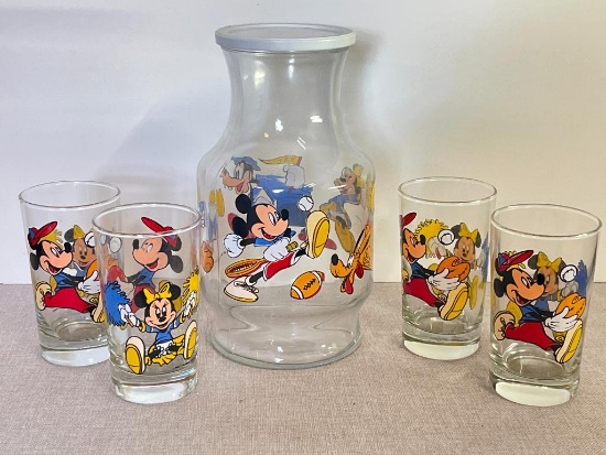 Walt Disney Mickey Mouse Pitcher and Set of 4 Glasses