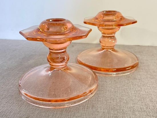 Pair of Vintage Pink Glass Candle Holders