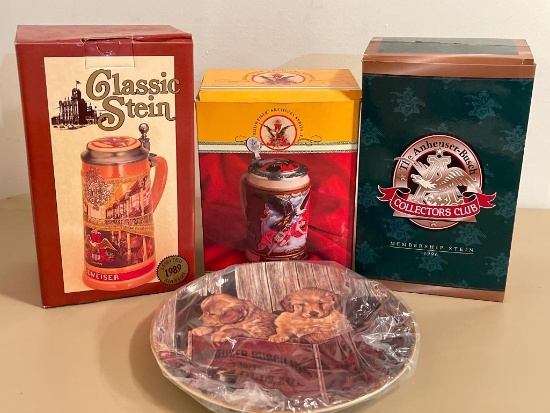Group of Budweiser Steins with Collector Plate