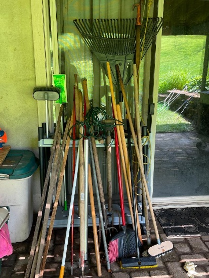 Group of Long Handled Garage Tools with Plastic Organizer