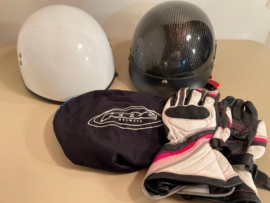 Pair of Motorcycle Helmets and Pair of Riding Gloves