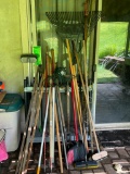 Group of Long Handled Garage Tools with Plastic Organizer
