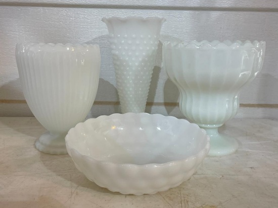 Group of 4 Milk Glass Vases and Bowl