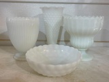 Group of 4 Milk Glass Vases and Bowl