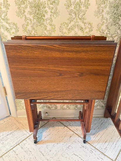 Vintage Set of Wooden TV Trays with Stand