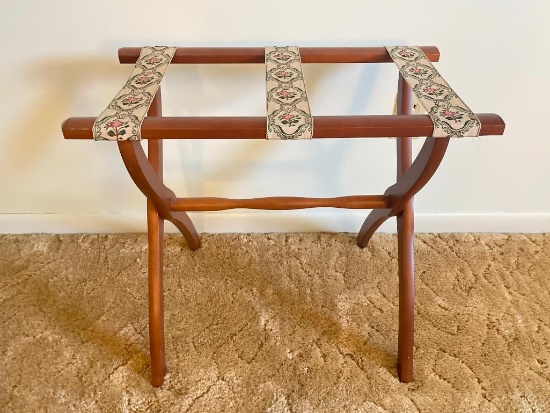 Vintage Folding Wood Luggage Rack with Embroidered Floral Tapestry Straps
