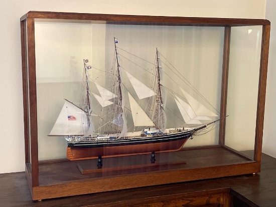 Vintage Handcrafted Ship Model in Display Case