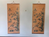 Pair of Vintage Chinese Painted Bird Bamboo Wall Hangings