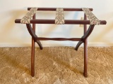 Vintage Folding Wood Luggage Rack with Embroidered Floral Tapestry Straps