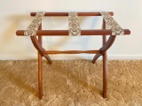 Vintage Folding Wood Luggage Rack with Embroidered Floral Tapestry Straps