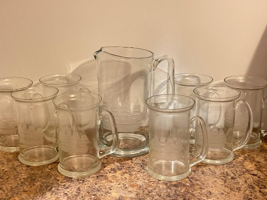 Vintage Etched Glass Ship Pitcher and Mugs