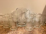 Vintage Etched Glass Ship Pitcher and Mugs