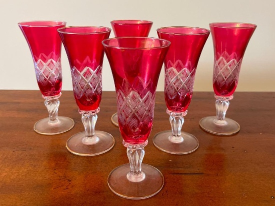 Set of 6 Cranberry Etched Champagne Glasses