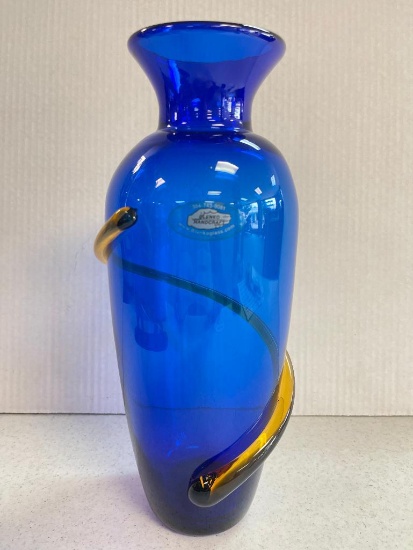 Signed Blenko Art Glass Vase with Amber Swirl