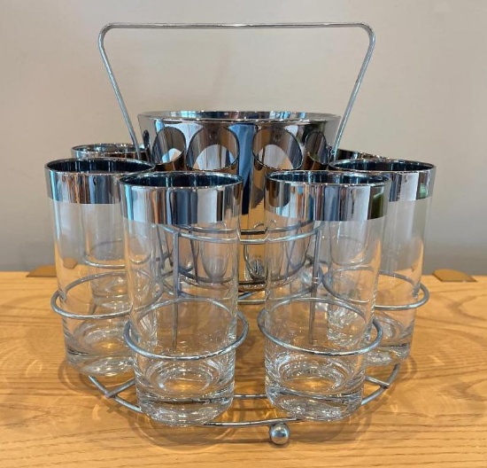 MCM Dorothy Thorpe Style Highball Glasses and Ice Bucket Barware Set