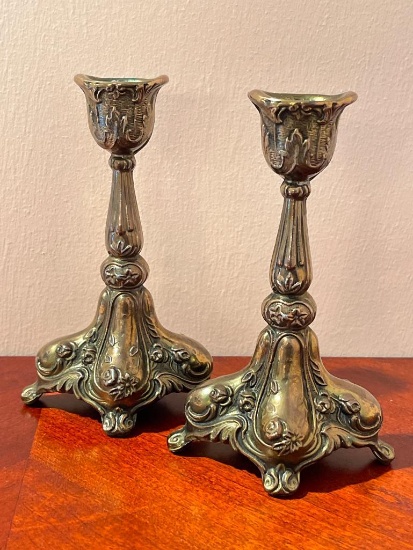 Pair of Ornate Vintage Metal Candlestick Holders