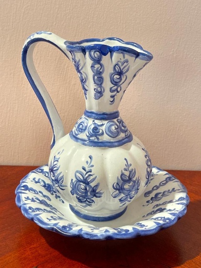 Small Hand Painted Ceramic Pitcher with Under Plate
