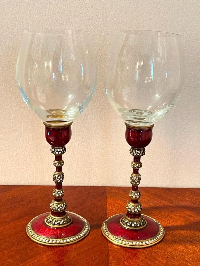 Pair of Edgar Berrebi Enamel and Jeweled Wine Glasses