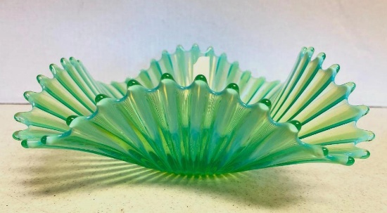 Vintage Fostoria Vaseline Ruffled Edge Handkerchief Bowl