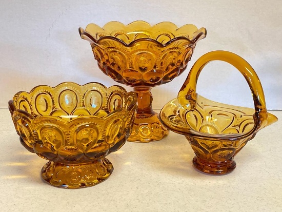 Group of Vintage Amber Glass - Basket, Compote and Bowl