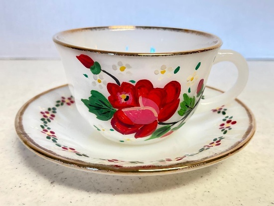 Vintage Hand Painted Fire King Tea Cup and Saucer