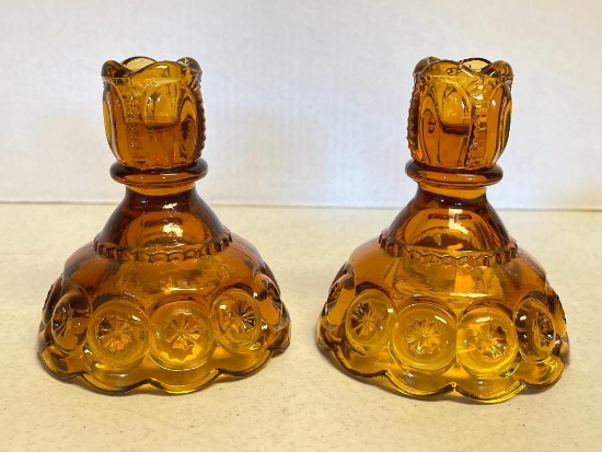 Pair of Vintage L.E. Smith Amber Glass Candlestick Holders