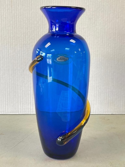 Signed Blenko Art Glass Vase with Amber Swirl