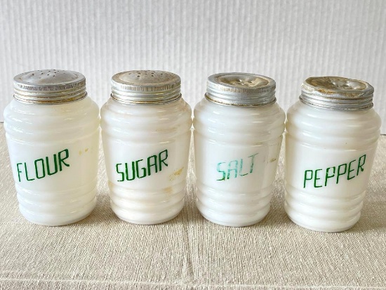 Set of Vintage Hazel Atlas Beehive Milk Glass Shakers