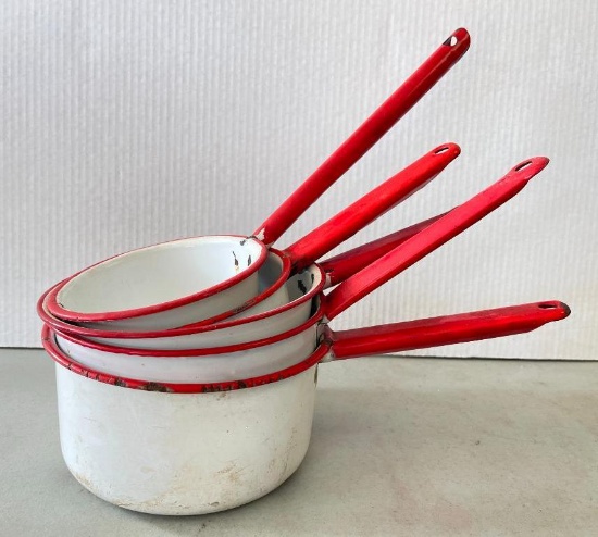 Set of Vintage White and Red Nesting Enamel Sauce Pans