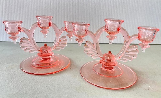 Set of Pink Depression Glass Candelabras