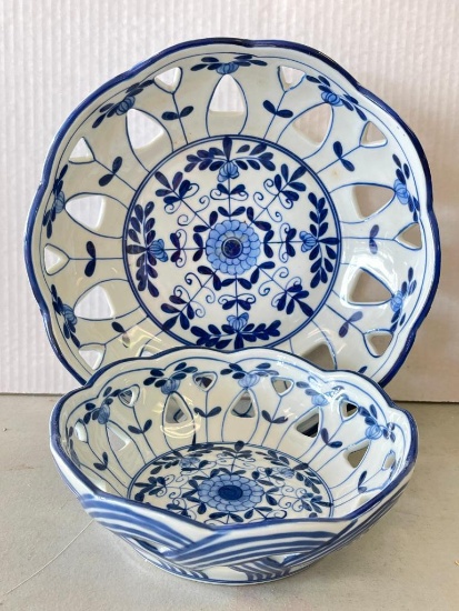 Pair of Delft Style Pierced Basket Bowls